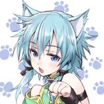  animal_ears aqua_eyes aqua_hair bad_id bad_pixiv_id cat_ears chestnut_mouth matsuryuu open_mouth paw_pose paw_print sinon sinon_(sao-alo) solo sword_art_online 