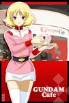  alternate_legwear blonde_hair blue_eyes breasts cafe coffee cup gundam jacket machinosuke military military_uniform mobile_suit_gundam sayla_mass short_hair shorts small_breasts solo thighhighs tray uniform waitress white_legwear 