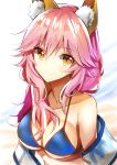  1girl absurdres animal_ear_fluff animal_ears bangs bare_shoulders bikini blue_bikini blush breasts brown_eyes cleavage closed_mouth collarbone commentary_request eyebrows_visible_through_hair fate/grand_order fate_(series) fox_ears hair_between_eyes highres large_breasts long_hair nanakusa_amane pink_hair smile solo swimsuit tamamo_(fate)_(all) tamamo_no_mae_(swimsuit_lancer)_(fate) upper_body white_background 