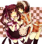  alternate_costume apron argyle bad_id bad_pixiv_id bare_shoulders black_legwear brown_eyes brown_hair checkered checkered_background enmaided himekaidou_hatate holding_hands interlocked_fingers long_hair maid maid_headdress multiple_girls profile purple_eyes ribbon-trimmed_clothes ribbon_trim shameimaru_aya short_hair sparkle thighhighs touhou twintails wrist_cuffs yapi_(yabai_toki) zettai_ryouiki 