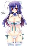  ahoge babydoll blue_hair blush breasts cleavage flower groin hair_ribbon kuroe_(sugarberry) kurokami_medaka large_breasts long_hair looking_at_viewer medaka_box navel panties red_eyes ribbon side-tie_panties solo standing striped striped_legwear striped_panties thighhighs underwear 