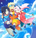  3boys blonde_hair blue_hair closed_eyes commentary_request dual_persona forehead_protector haruno_sakura long_hair multiple_boys naruto naruto_(series) naruto_shippuuden oba-min one_eye_closed pink_hair short_hair smile uchiha_sasuke uzumaki_naruto water 