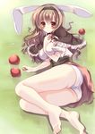  amane_ruri animal_ears apple barefoot blush brown_hair bunny_ears food fruit hairband legs long_hair original panties purple_eyes skirt solo underwear 