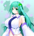  aqua_eyes aqua_hair asamura_hiori bare_shoulders blush breasts covered_nipples detached_sleeves frog_hair_ornament hair_ornament huge_breasts kochiya_sanae long_hair navel necktie no_bra sideboob smile snake solo touhou upper_body very_long_hair 