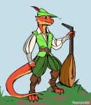  anthro bard claws clothed clothing dungeons_&amp;_dragons grass green_eyes hat holding_musical_instrument holding_object kobold lute male musical_instrument outside reptile scales scalie sisu smile solo standing step_pose tamlin123 toe_claws tunic 