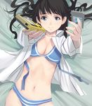 bed black_hair blue_eyes breasts game_boy handheld_game_console light_smile long_hair looking_at_viewer lying masao medium_breasts navel on_back open_clothes open_shirt original panties pixiv shirt solo striped striped_panties underwear 