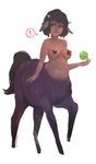  1girl animal_ears apple breasts brown_hair censored centaur dark_skin food fruit horns horse_ears medium_breasts monster_girl navel nipple_censor nude original pancake_puppy short_hair solo tail 