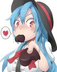  absurdres blue_hair bow bowtie chocolate chocolate_heart hat heart highres hinanawi_tenshi long_hair mouth_hold pov red_eyes route1911 solo spoken_heart touhou valentine 