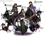  2boys assassin_(fate/zero) black_keys bracelet brown_eyes brown_hair cross cross_earrings cross_necklace dagger dress dual_persona earrings fate/stay_night fate/zero fate_(series) female_assassin_(fate/zero) habit hood hoodie hoop_earrings jewelry kotomine_kirei long_coat long_hair mask mozukuzukuzuku multiple_boys necklace nun purple_hair role_reversal sash time_paradox weapon 