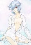  ayanami_rei bandage_over_one_eye bandages blue_hair bottomless breasts cast collarbone expressionless eyepatch highres medium_breasts navel neon_genesis_evangelion open_clothes open_shirt red_eyes sayococco shirt short_hair solo traditional_media 
