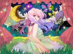  bad_id bad_pixiv_id bug butterfly crescent_moon dress gradient_hair grass insect key long_hair looking_back moon multicolored_hair original pink_hair purple_eyes solo star 