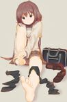  barefoot brown_eyes brown_hair gym_bag hands_on_feet highres long_hair original school_uniform serafuku shoes_removed simple_background sitting skirt socks_removed soles solo 