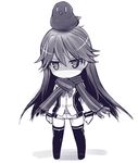  animal animal_on_head bird bird_on_head bow bowtie chibi crow greyscale jacket kuroki_rei long_hair looking_at_viewer monochrome national_shin_ooshima_school_uniform null_(nyanpyoun) on_head print_jacket print_legwear print_scarf print_shorts scarf school_uniform shaded_face shorts simple_background solo thighhighs vividred_operation white_background 