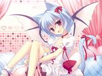  :d animal_ears bad_id bad_pixiv_id bat_wings blue_hair bow breasts cat_ears cat_tail choker cleavage fang hair_bow heart kemonomimi_mode looking_at_viewer motomiya_mitsuki no_hat no_headwear open_mouth pillow red_eyes remilia_scarlet ribbon short_hair sitting small_breasts smile solo tail tail_ribbon touhou wings wrist_cuffs 