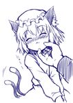  :3 ^_^ akou_roushi animal_ears blush cat_ears cat_tail chen chin_tickle closed_eyes hat monochrome out_of_frame petting pov pov_hands short_hair skirt solo_focus tail tail_wagging touhou 