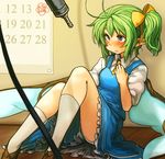  blue_eyes blush bow cable calendar_(object) daiyousei dress green_hair hair_bow long_hair minigirl pointy_ears sachito side_ponytail socks solo sweatdrop touhou wings 