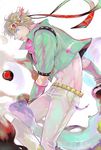  blonde_hair bubble caesar_anthonio_zeppeli facial_mark feathers fingerless_gloves gloves green_eyes green_jacket hair_feathers head_wings headband highres jacket jojo_no_kimyou_na_bouken male_focus ribbon scarf solo wellycheee 