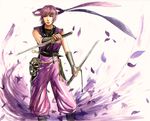  ayane_(doa) bad_id bad_pixiv_id baggy_pants dead_or_alive dual_wielding fishnets headband highres holding kunai leaf mask ninja ninja_gaiden ninjatou pants purple_hair red_eyes reverse_grip short_hair short_sword sleeveless solo sword vambraces weapon wind yi_dianxia 