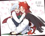  animal_ears blush carrying cat_ears chinese_clothes closed_eyes couple dated fingerless_gloves gloves grin happy heart hong_meiling indian_style intertwined_tails izayoi_sakuya kemonomimi_mode long_hair multiple_girls neko_majin no_hat no_headwear princess_carry red_hair scarf short_hair silver_hair sitting smile tail thighhighs touhou yuri 