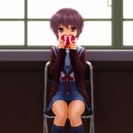  akahige bangs box chair chocolate chocolate_heart covering_mouth feet_out_of_frame gift gift_box heart highres kita_high_school_uniform nagato_yuki panties purple_eyes purple_hair school_uniform serafuku short_hair sitting solo suzumiya_haruhi_no_yuuutsu underwear upskirt valentine window 