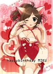  :3 ahoge aidumi animal_ears arm_warmers bad_id bad_pixiv_id bare_shoulders brown_hair cat_ears cat_tail character_name choker dress fang flower green_eyes hair_ribbon happy_birthday heart idolmaster idolmaster_cinderella_girls maekawa_miku one_eye_closed paw_pose pink_flower pink_rose ponytail ribbon rose smile solo tail thighhighs white_legwear 