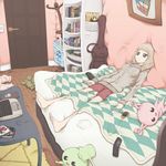  barefoot bed blonde_hair blue_eyes book calendar_(object) commentary_request computer controller door footprints highres laptop long_sleeves lying on_back original padded_walls remote_control rubik's_cube rug short_hair shorts solo surreal sweater table yajirushi_(chanoma) 