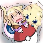  animal_ears blonde_hair cat_ears cat_tail chibi crossover gen_5_pokemon hoshizuki_(seigetsu) joltik mizuhashi_parsee open_mouth poke_ball poke_ball_(generic) pokemon pokemon_(creature) puru-see skirt tail touhou trembling |_| 