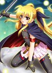  bardiche blonde_hair diesel-turbo fate_testarossa gloves long_hair lyrical_nanoha red_eyes solo thighhighs twintails 
