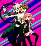  2boys backpack bag black_legwear brown_hair danganronpa don12buri flipped_hair green_eyes hair_ornament hairclip hinata_hajime hood hoodie jacket komaeda_nagito multiple_boys nanami_chiaki necktie open_mouth pink_hair pointing red_eyes school_uniform short_hair skirt smile super_danganronpa_2 thighhighs white_hair 