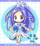  blue blue_bow blue_eyes blue_hair bow bracelet character_name chibi choker copyright_name crystal_earrings cure_diamond curly_hair dokidoki!_precure dress earrings eyelashes full_body hishikawa_rikka hiyopuko jewelry long_hair magical_girl ponytail precure rakeru_(dokidoki!_precure) ribbon shoes smile 