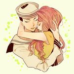  1girl bad_id bad_pixiv_id black_hair couple dixie_cup_hat eyeshadow hat hetero higashikata_jousuke_(jojolion) hirose_yasuho hug jojo_no_kimyou_na_bouken jojolion lipstick makeup masc_(68mb) military_hat pink_hair 