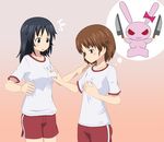  2girls :3 :o bangs black_hair blue_eyes blush bow breast_envy breast_grab breasts brown_hair bunny cowboy_shot dual_wielding emblem freckles girls_und_panzer grabbing gradient gradient_background groping gym_shirt gym_shorts gym_uniform highres holding knife long_hair looking_at_breasts looking_down multiple_girls ninnin open_mouth parted_bangs profile red_shorts sakaguchi_karina self_fondle shirt short_hair short_sleeves shorts single_vertical_stripe small_breasts standing staring surprised t-shirt white_shirt yamagou_ayumi yuri 