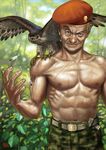  belt beret bird blue_eyes camouflage camouflage_pants dated feathers hat looking_at_viewer male_focus matataku muscle navel old_man original pants plant scar shirtless signature smile upper_body wrinkles 