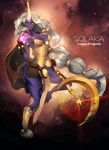  breasts cleavage dress engrish gloves highres horn large_breasts league_of_legends long_hair nal_(nal's_pudding) pointy_ears purple_skin ranguage solo soraka staff very_long_hair yellow_eyes 