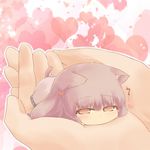  animal_ears blush bow cat_ears cat_tail catchouli chibi hair_bow hands hazuki_ruu heart heart_background in_palm kemonomimi_mode looking_at_viewer minigirl out_of_frame patchouli_knowledge purple_eyes purple_hair simple_background solo_focus tail touhou 
