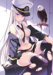  1girl azur_lane bald_eagle bare_shoulders between_breasts bird black_legwear blush breasts cleavage commentary eagle enterprise_(azur_lane) hat hoshino_koucha jacket long_hair looking_at_viewer military_hat navel necktie necktie_between_breasts solo thighhighs thighs torn_clothes torn_legwear very_long_hair white_hair 