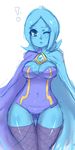  black_legwear blue_eyes blue_hair blue_leotard blue_skin breasts brooch cape cleavage fi fishnet_legwear fishnets gem jewelry leotard maniacpaint medium_breasts no_arms one_eye_closed out_of_character short_hair solo strapless the_legend_of_zelda the_legend_of_zelda:_skyward_sword thigh_gap thighhighs thighs 