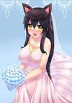  ahri animal_ears blush bouquet braid breasts bridal_veil bride cleavage collarbone dress facial_mark fang flower fox_ears fox_tail large_breasts league_of_legends long_hair multiple_tails open_mouth solo tail veil wedding_dress whisker_markings xano yellow_eyes 