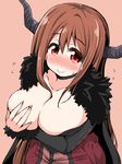  :&gt; blush breasts brown_hair cape choker cleavage covering covering_breasts dress flying_sweatdrops fur_trim horns large_breasts long_hair looking_at_viewer maou_(maoyuu) maoyuu_maou_yuusha naitou_kouse red_eyes smile solo 