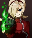  ash_crimson blonde_hair blue_eyes fingerless_gloves fire freckles gloves green_fire grin hair_over_one_eye hairband male_focus puchi-pochi pyrokinesis smile solo the_king_of_fighters zipper 