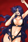  areola_slip areolae arm_up armpits breasts choker circlet hair_over_one_eye highres large_breasts lipstick long_hair lyrical_nanoha mahou_shoujo_lyrical_nanoha makeup nail_polish navel o-ring precia_testarossa purple_eyes purple_hair purple_lipstick shinanoya_(satanicad) solo 