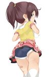  ass bad_id bad_pixiv_id bandaid bandaid_on_leg blush brown_eyes brown_hair from_behind from_below kneehighs long_hair looking_back original ponytail shirt shorts skirt solo t-shirt tamakorogashi tears upskirt 