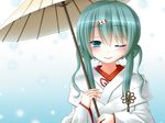  aqua_eyes aqua_hair blush double_bun gradient gradient_background hair_ornament hairclip hanazome_dotera hatsune_miku japanese_clothes kimono long_hair one_eye_closed oriental_umbrella sidelocks smile snowflakes solo twintails uchikake umbrella upper_body vocaloid yuki_miku 