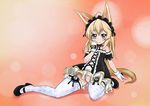  absurdres animal_ears bare_shoulders blonde_hair blue_eyes dog_ears dress elin_(tera) gloves highres long_hair mary_janes panties pantyshot pantyshot_(sitting) print_legwear shoes sitting smile solo tail tera_online thighhighs underwear upskirt 