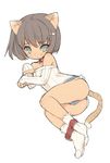  animal_ears ass bad_id bad_pixiv_id bare_shoulders blade_(galaxist) blue_eyes blush brown_eyes hair_ornament hairclip long_sleeves looking_at_viewer lowres off-shoulder_sweater off_shoulder original ribbed_sweater short_hair shorts simple_background socks solo sweater tail tiger_ears tiger_tail white_background white_legwear 