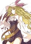  artist_name belt blonde_hair closed_fan dress dress_shirt fan folding_fan hat hat_ribbon kuronuko_neero long_hair ribbon shirt smile touhou watatsuki_no_toyohime yellow_eyes 