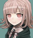  aqua_background danganronpa eyelashes flipped_hair fuyuwa hair_ornament nanami_chiaki official_style pink_eyes pink_hair simple_background smile solo super_danganronpa_2 