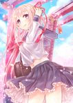  bag blue_eyes cherry_blossoms highres long_hair navel neme omamori original pink_hair rope school_uniform serafuku skirt solo thighs torii tree weapon_bag 