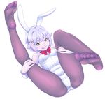  :q bare_shoulders black_legwear blue_skin brown_eyes bunnysuit feet hair_ornament hairpin highres idolmaster idolmaster_cinderella_girls koshimizu_sachiko legs legs_up leotard oku_(okumen) pantyhose seductive_smile short_hair silver_hair smile solo tongue tongue_out wrist_cuffs 