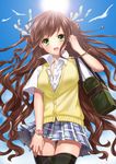  bad_id bad_pixiv_id bag brown_hair day green_eyes ichinose777 long_hair open_mouth original ribbon skirt sky solo thighhighs vest 